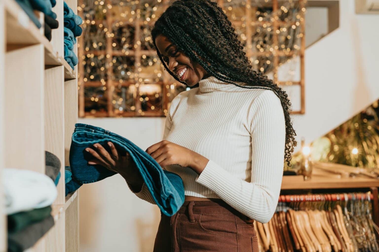 Smiling brown woman in casual jeans feeling confident after working with OCD therapists in Atlanta using ERP treatment plan