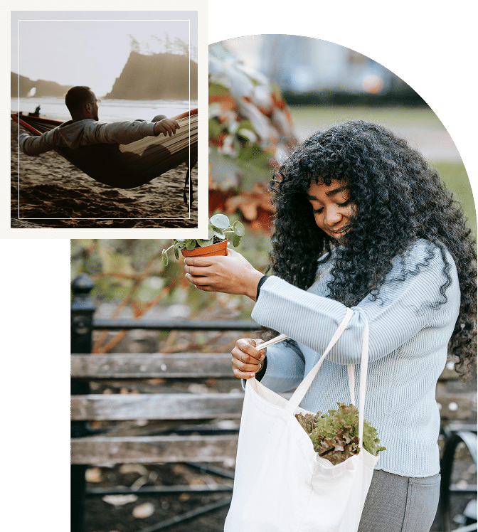 Woman smiling while holding a tote bag filled with plants, relaxed body language conveying balance and everyday joyMan resting in a hammock overlooking a scenic landscape, peaceful posture emphasizing rest and nervous system recovery