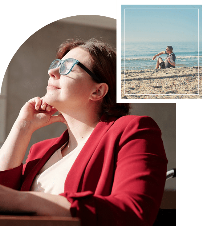 Woman with eyes closed, facing the sky, sunlight on her face, calm and open, conveying release and presenceMan sitting on a beach facing the sea, wide horizon and still posture evoking grounding and emotional spaciousness