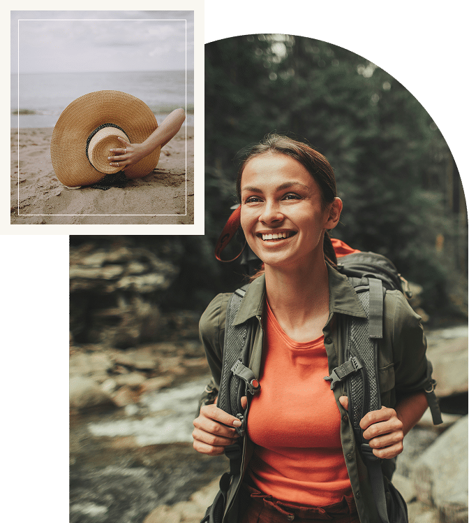 Woman trekking through a forest near flowing water, surrounded by trees and greenery, embodying movement and presence