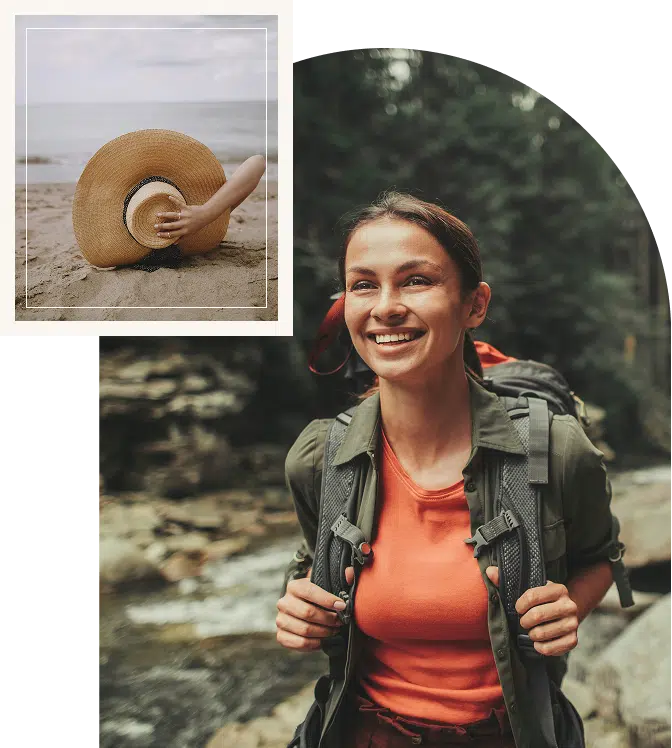 Woman trekking through a forest near flowing water, surrounded by trees and greenery, embodying movement and presence