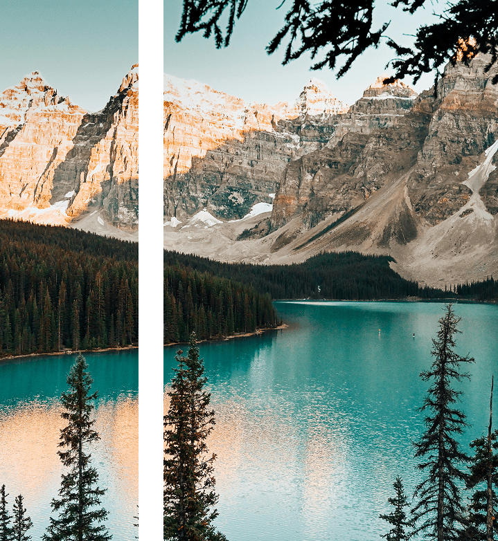 Mountain landscape with a lake and trees under an open sky, expansive view suggesting calm and balance