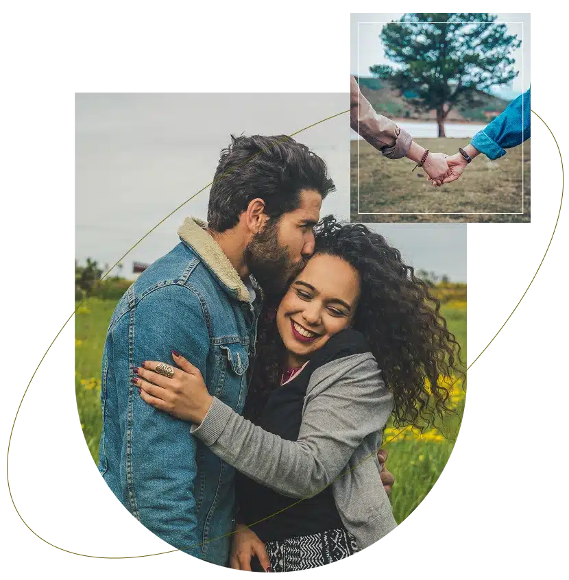 A couple smiling and hugging in a peaceful setting after couples counseling in Atlanta, Georgia