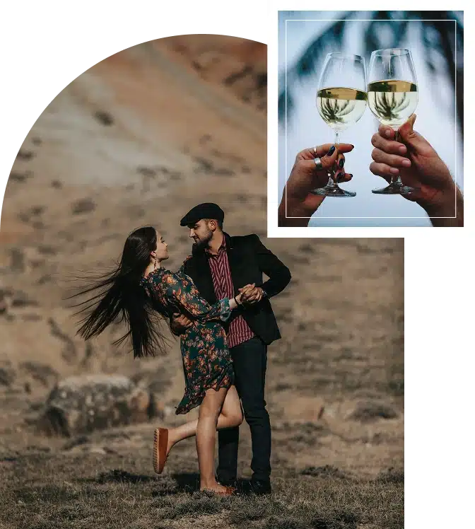 A couple dancing together outdoors in a serene nature setting