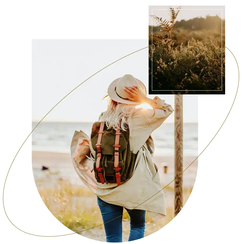 Woman with backpack facing a sunset, calm posture symbolizing hope after depression therapy in Atlanta, Georgia