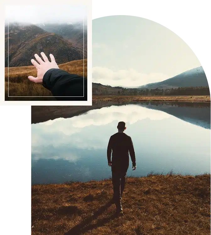 A man standing before a lake view, relaxed posture reflecting stillness and reflection