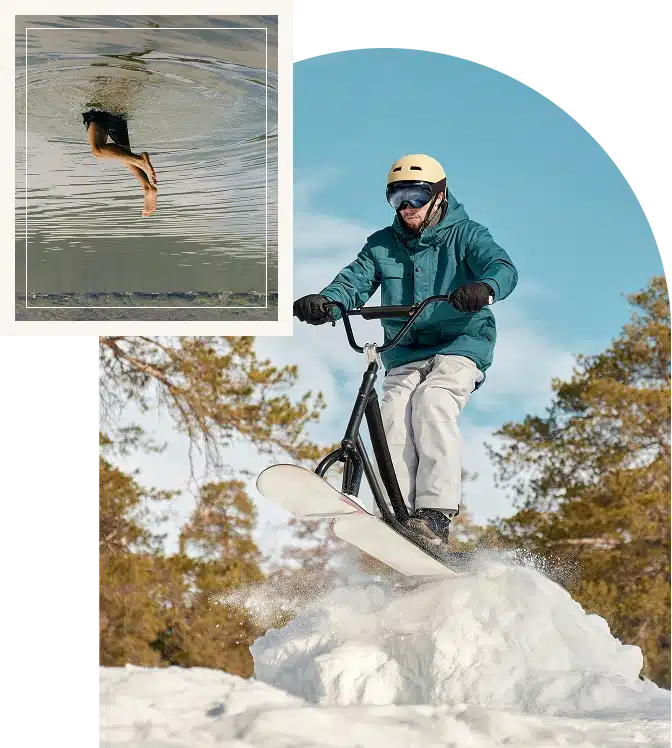 Man riding a bicycle through snowy terrain, motion and light capturing resilience and vitality