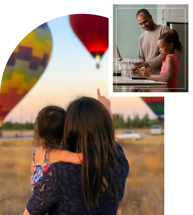 Mother and daughter from behind, pointing at colorful hot air balloons drifting across the bright open sky, sharing wonder now