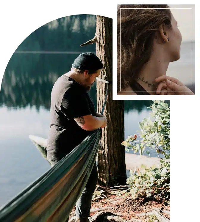  A man is tying a hammock to a tree in a forest, symbolizing rest, grounding, and creating space for relaxation.