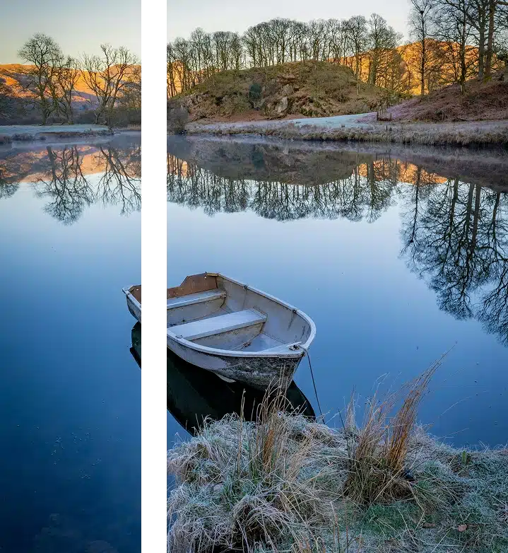 A small boat floating on a calm lake surrounded by still water and quiet scenery