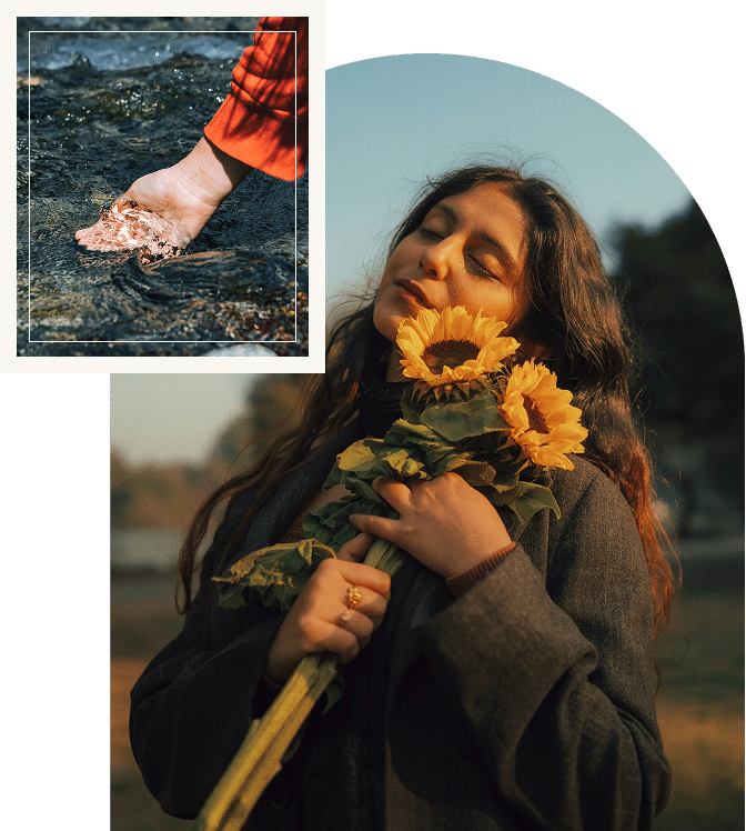 A girl holding sunflowers with sunlight on her face, symbolizing joy, warmth, and emotional brightness.