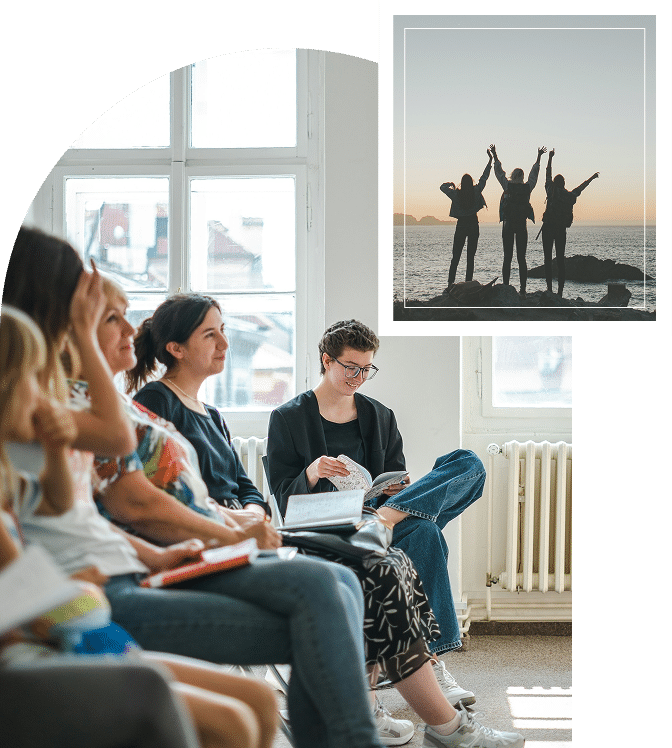 Women sitting together with journals, reflecting and writing during a supportive group session
