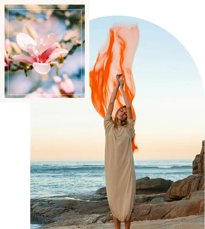  A woman standing near the beach with arms raised, expressing freedom, emotional release, and peaceful openness.